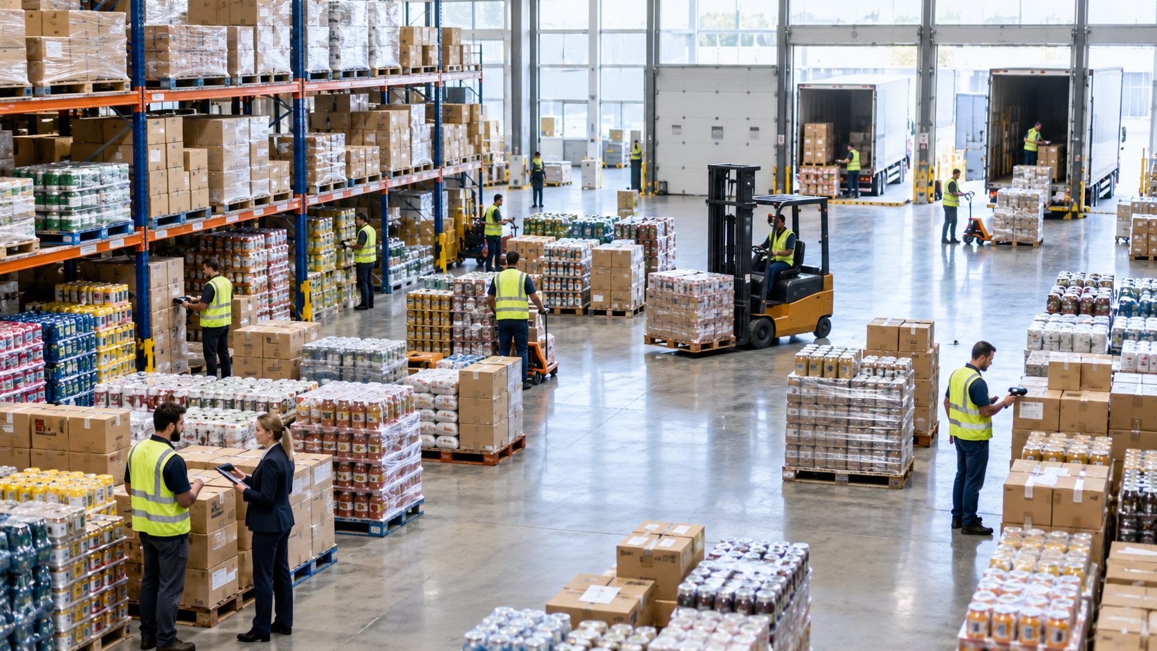 Shrink-wrapped pallets and a forklift on a distribution warehouse floor with hi-vis staff