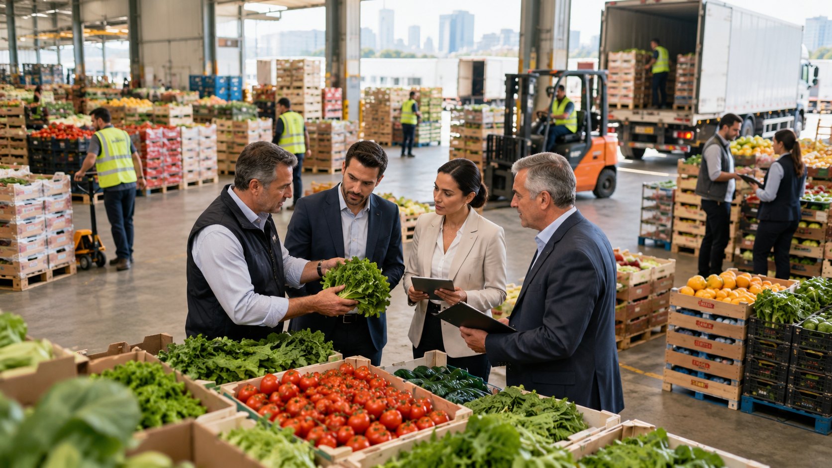 Four people inspect crates of tomatoes, lettuce and citrus on a wholesale market floor