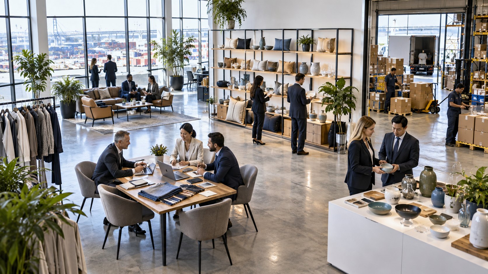 Three people study fabric swatches in an open showroom of homeware and garment rails