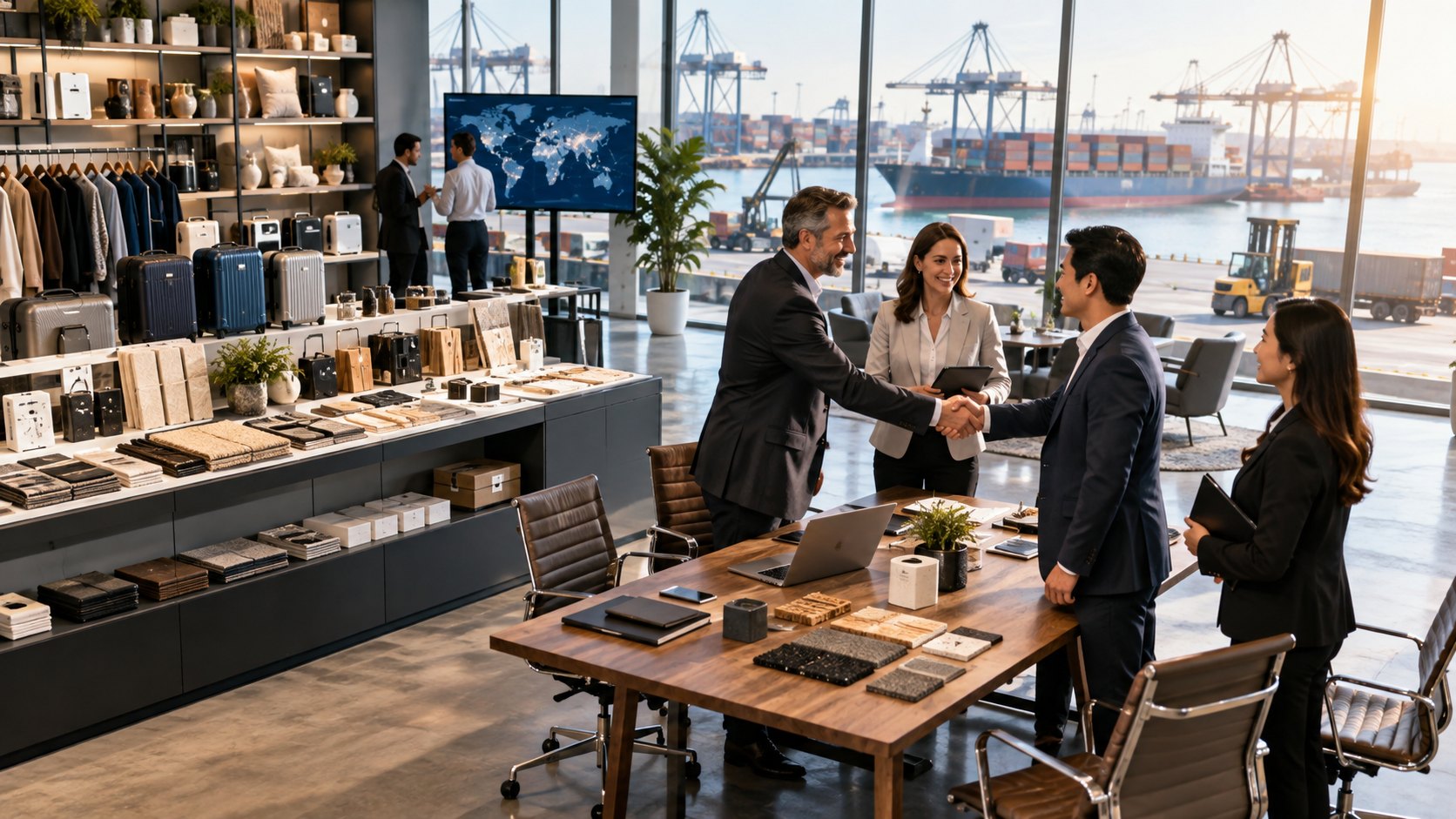 Colleagues shake hands at a sample-laden table, container cranes framed by the window