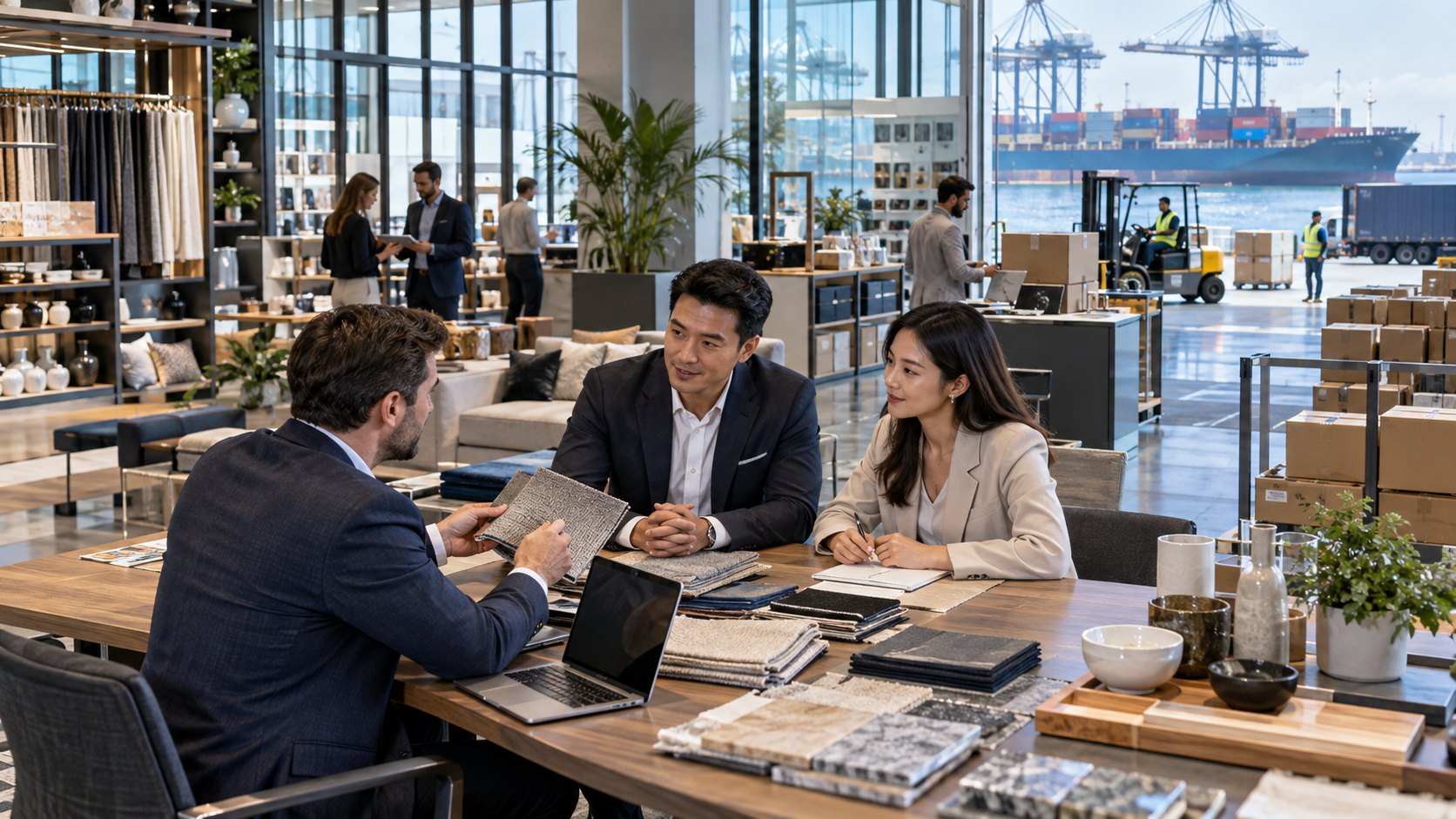 Three people review sample boards at a long table in a quayside showroom