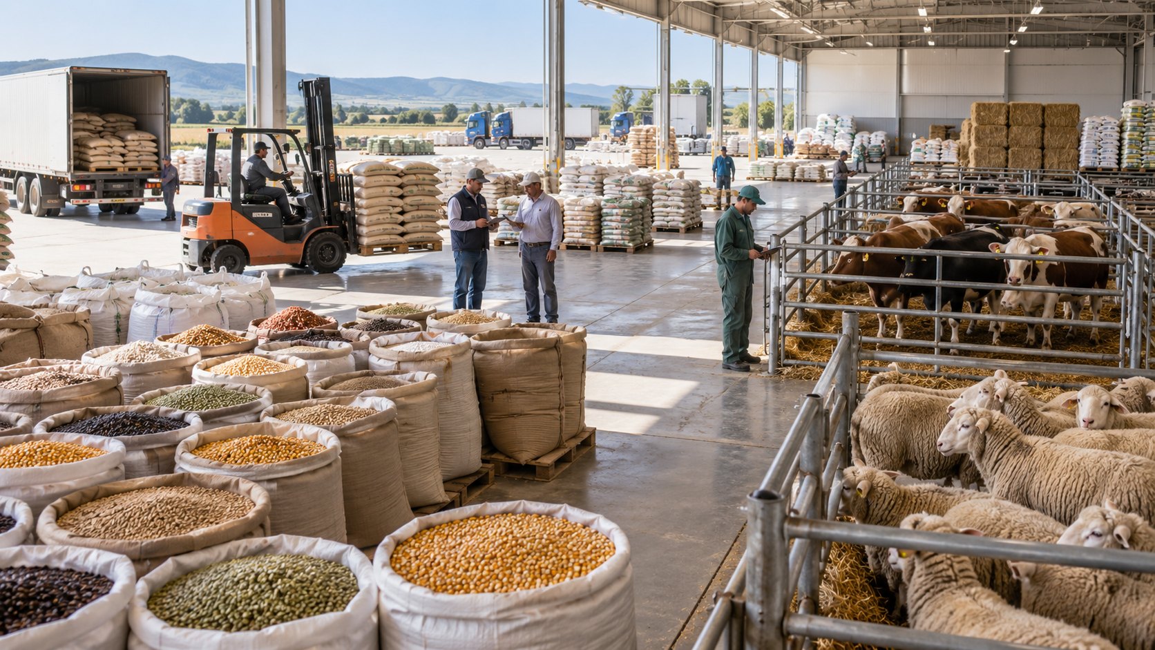 Open sacks of pulses line a depot floor with sheep penned alongside