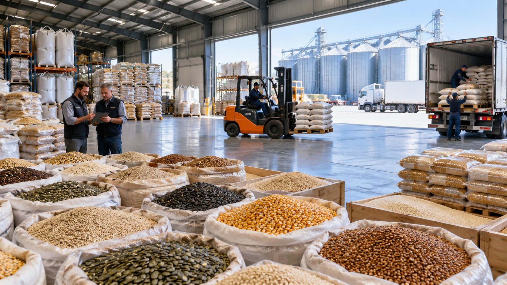 Dozens of open sacks of beans and seeds fill a grain store, silos outside