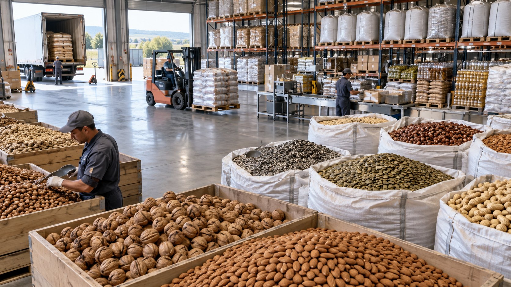A worker sorts walnuts from a wooden crate among bulk bags of nuts