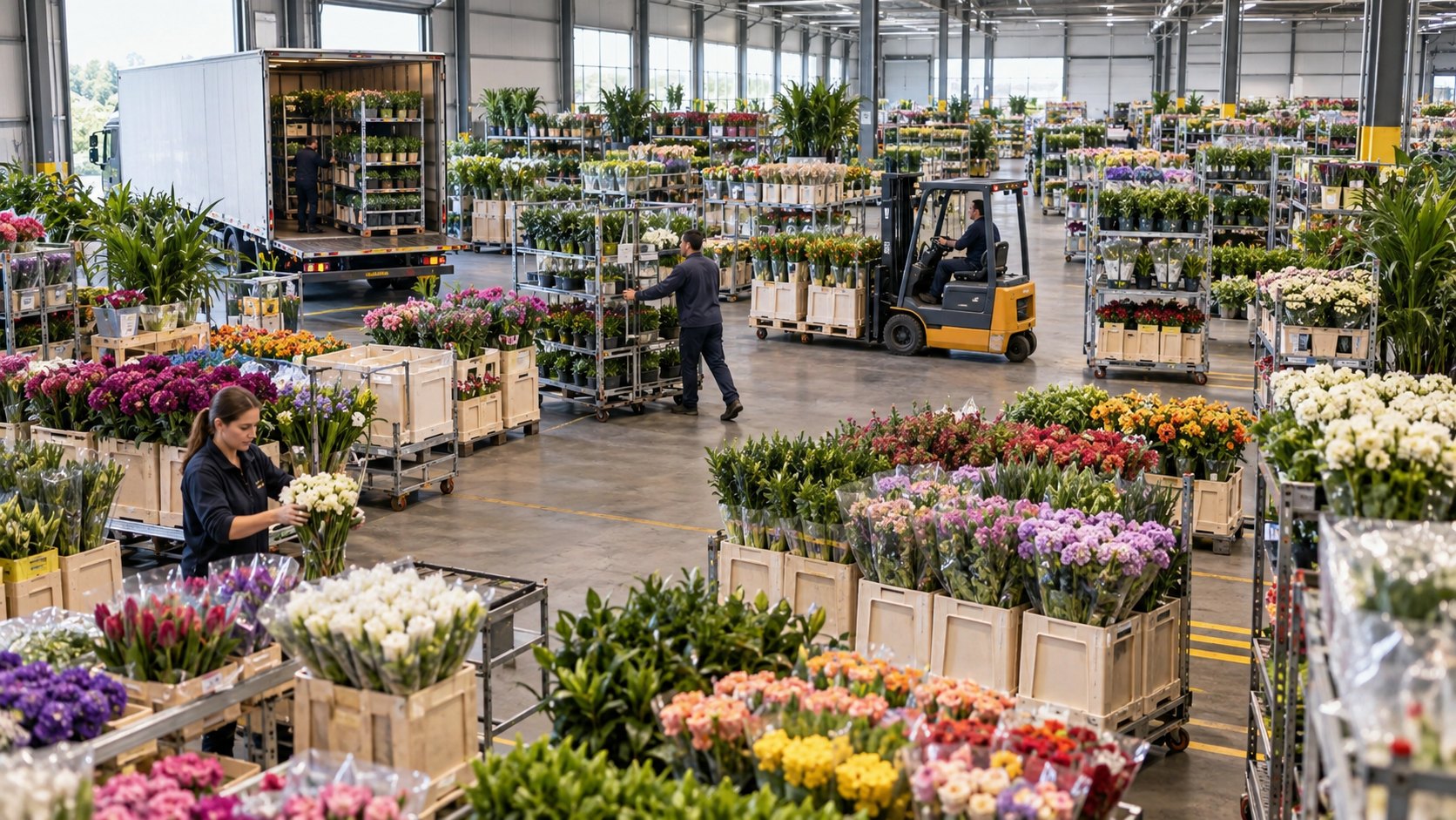 Trolleys of cut flowers and potted plants fill a wholesale hall with a forklift