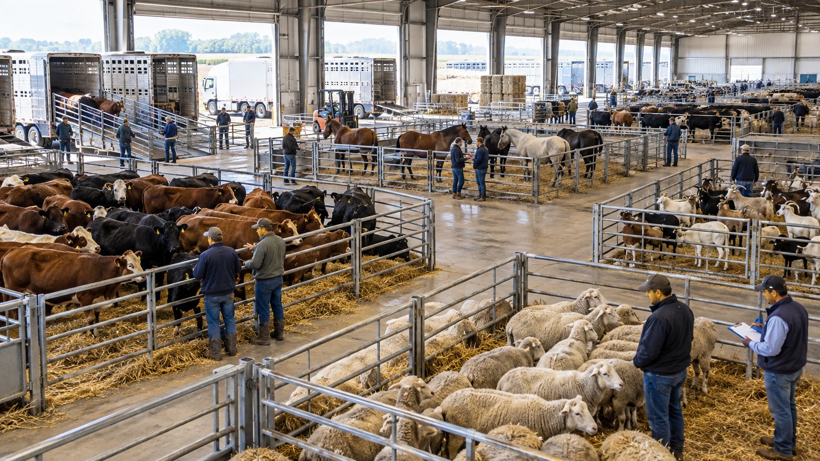 Cattle and sheep stand in pens either side of a livestock market aisle