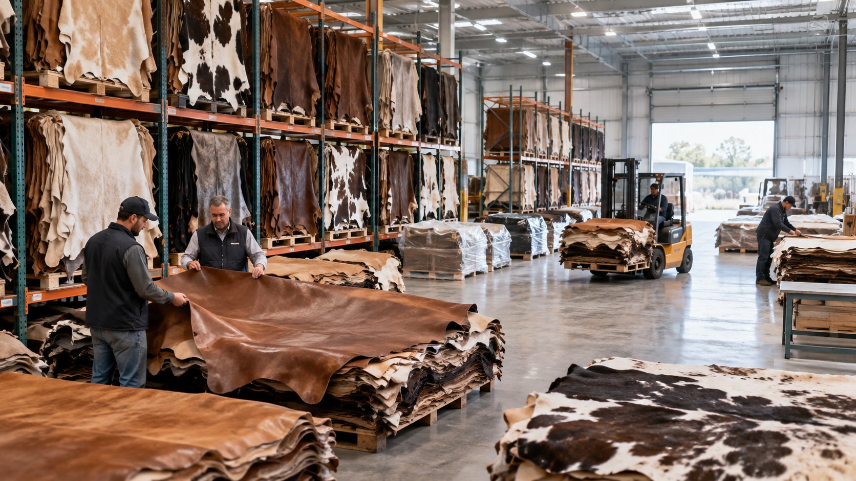 Two men lift a hide from a stack in a store racked with cowhides