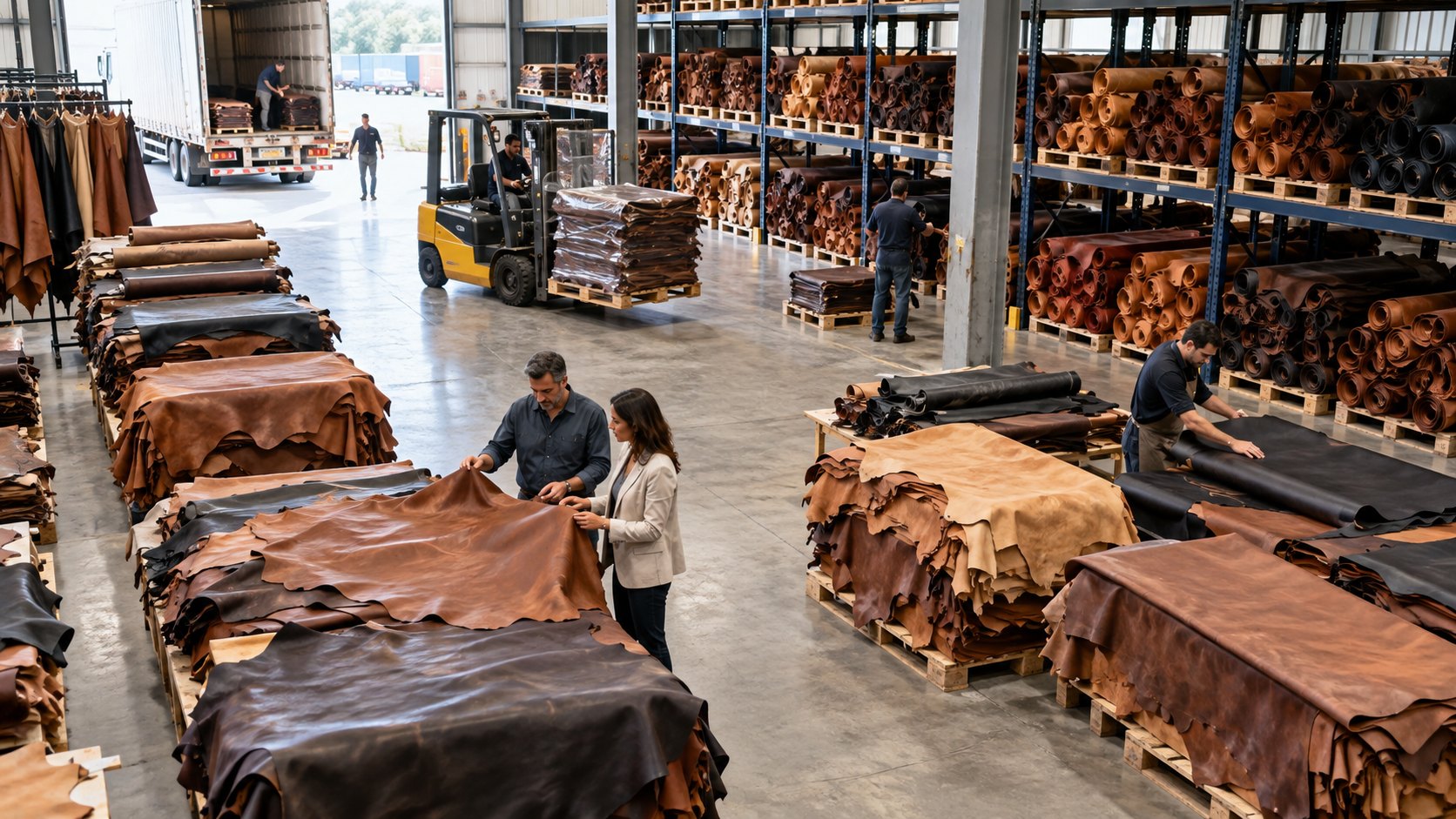 Rows of stacked leather hides on pallets with two people inspecting one mid-aisle