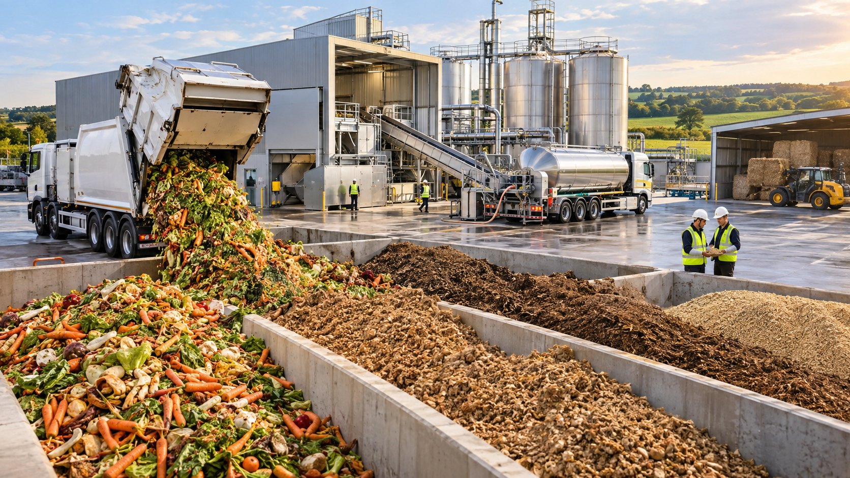 A lorry tips vegetable waste into concrete bays of husks and chopped feed