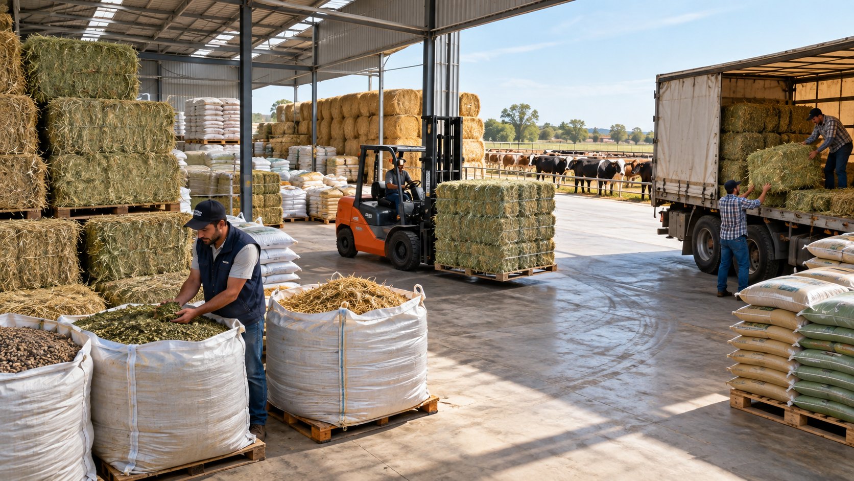A man fills a bulk bag of chopped fodder as a forklift carries bales