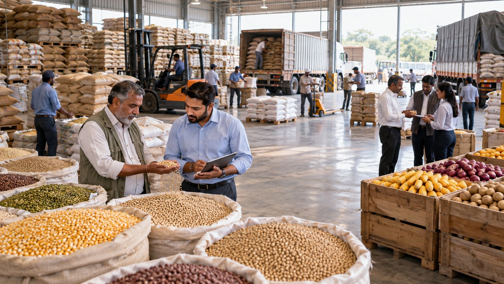 Two men inspect grain amid open sacks and crates of onions in a market hall