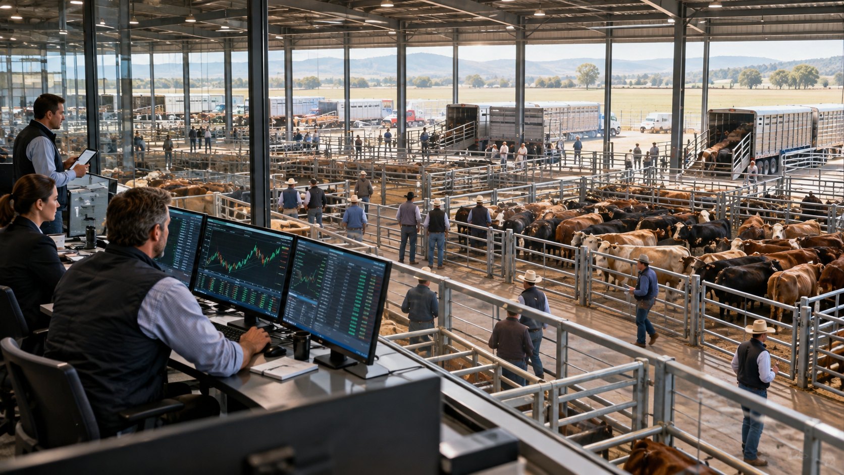A man watches price screens from a raised desk above cattle pens and buyers
