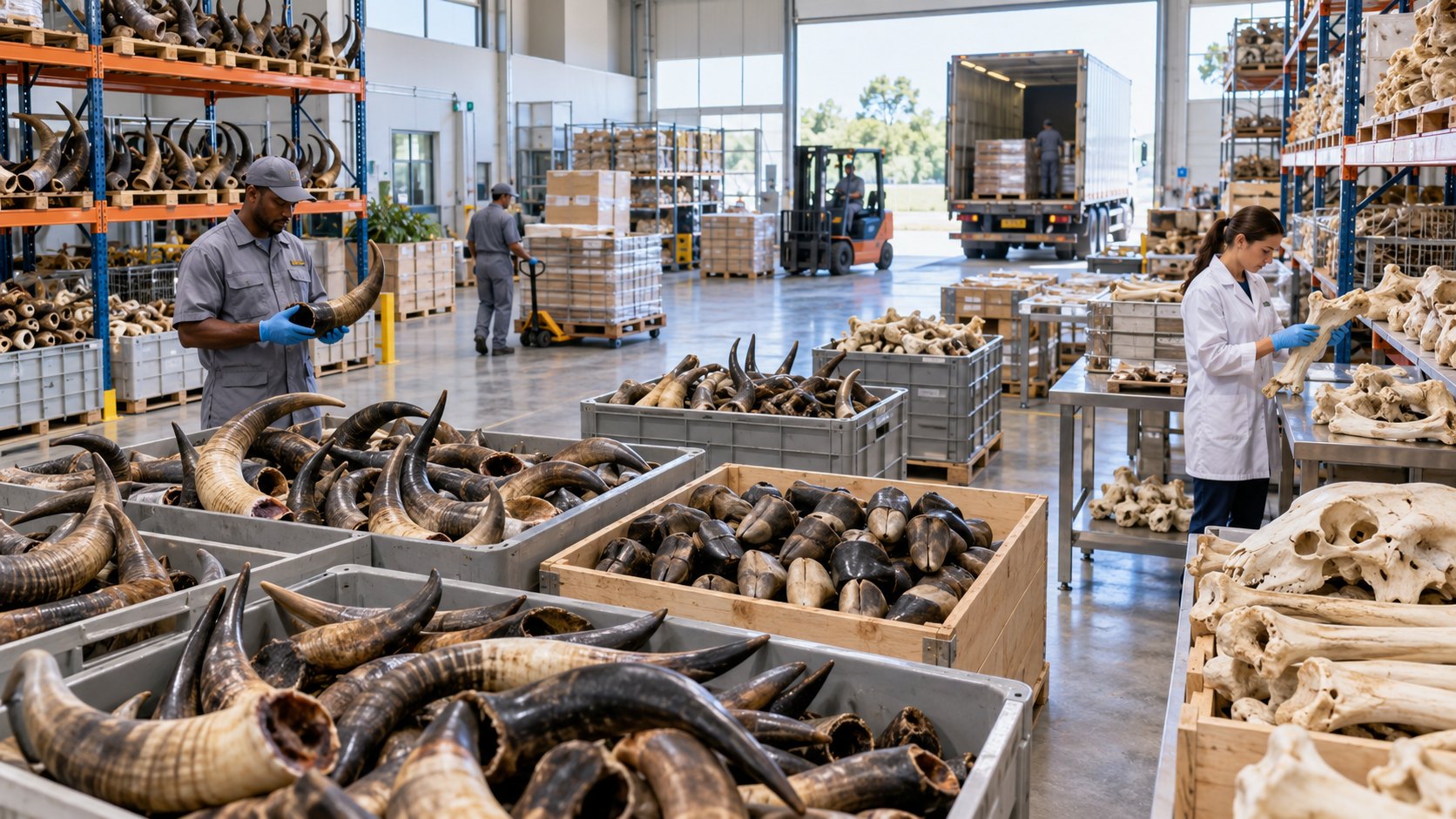 Crates of horns in a depot, a white-coated worker sorting bleached skulls behind