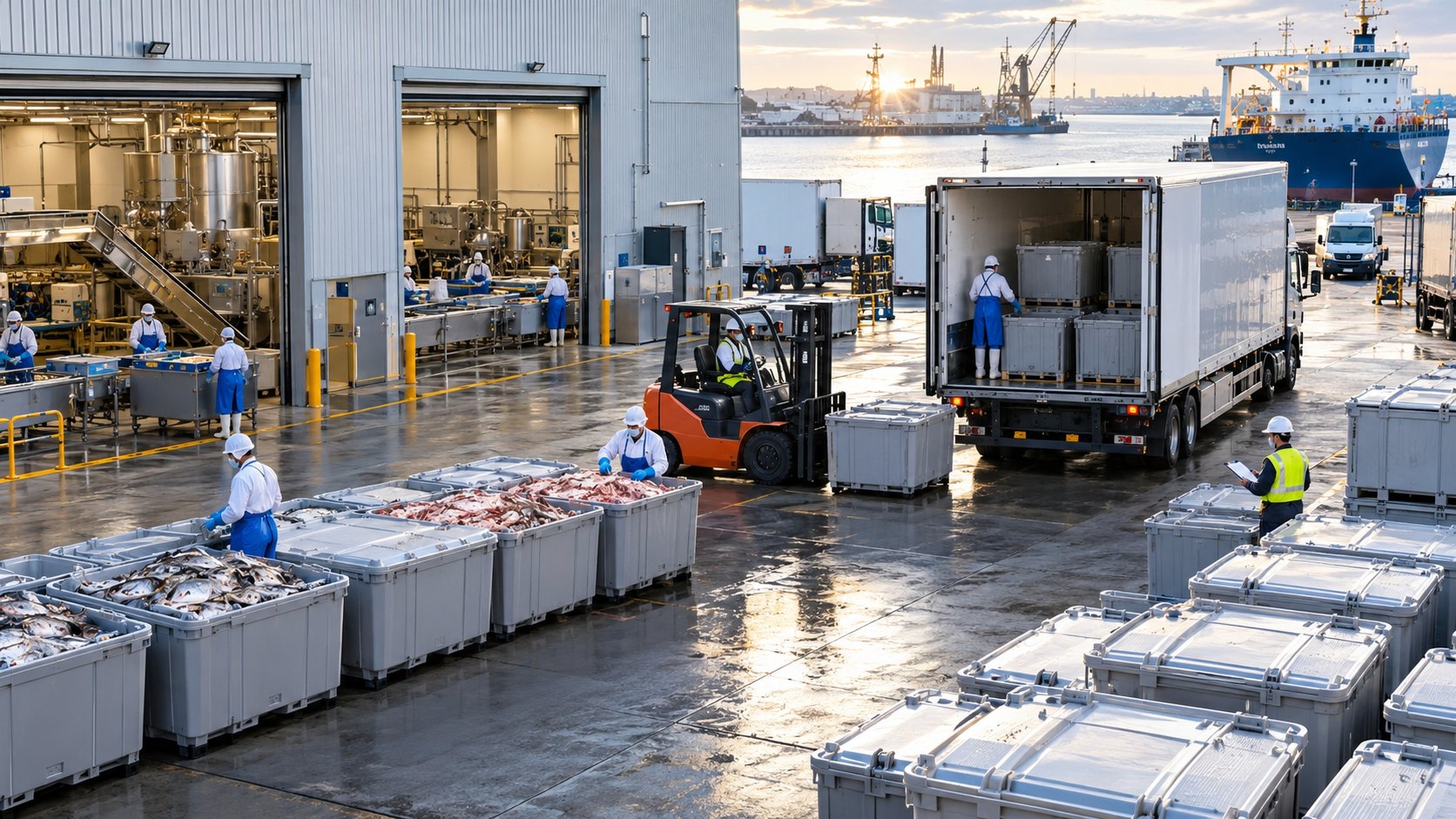 Forklift and workers loading white tubs into a refrigerated lorry in a wet dockside yard