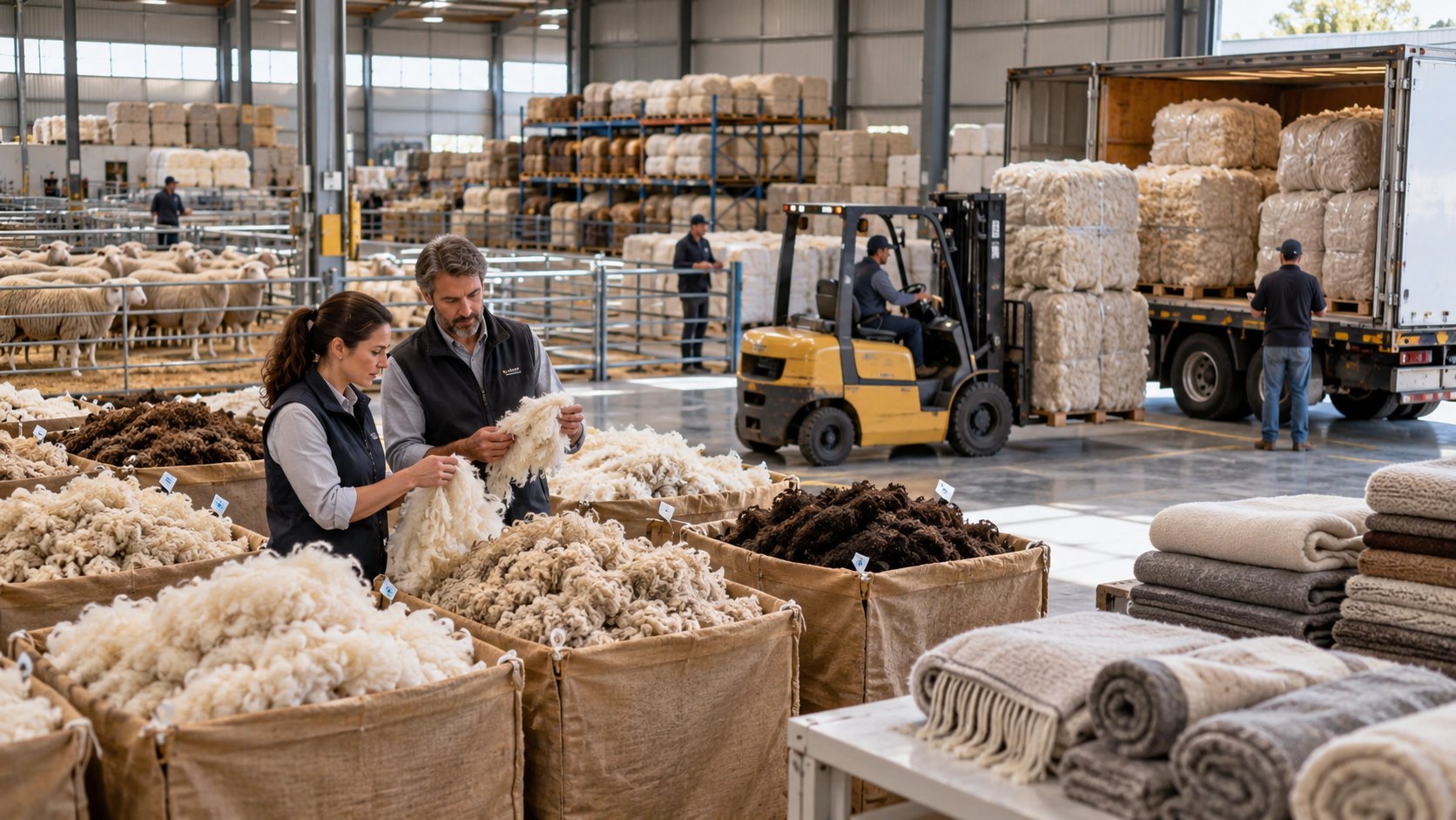 Two people sorting raw fleece from hessian sacks, rolled cloth and stacked bales behind them