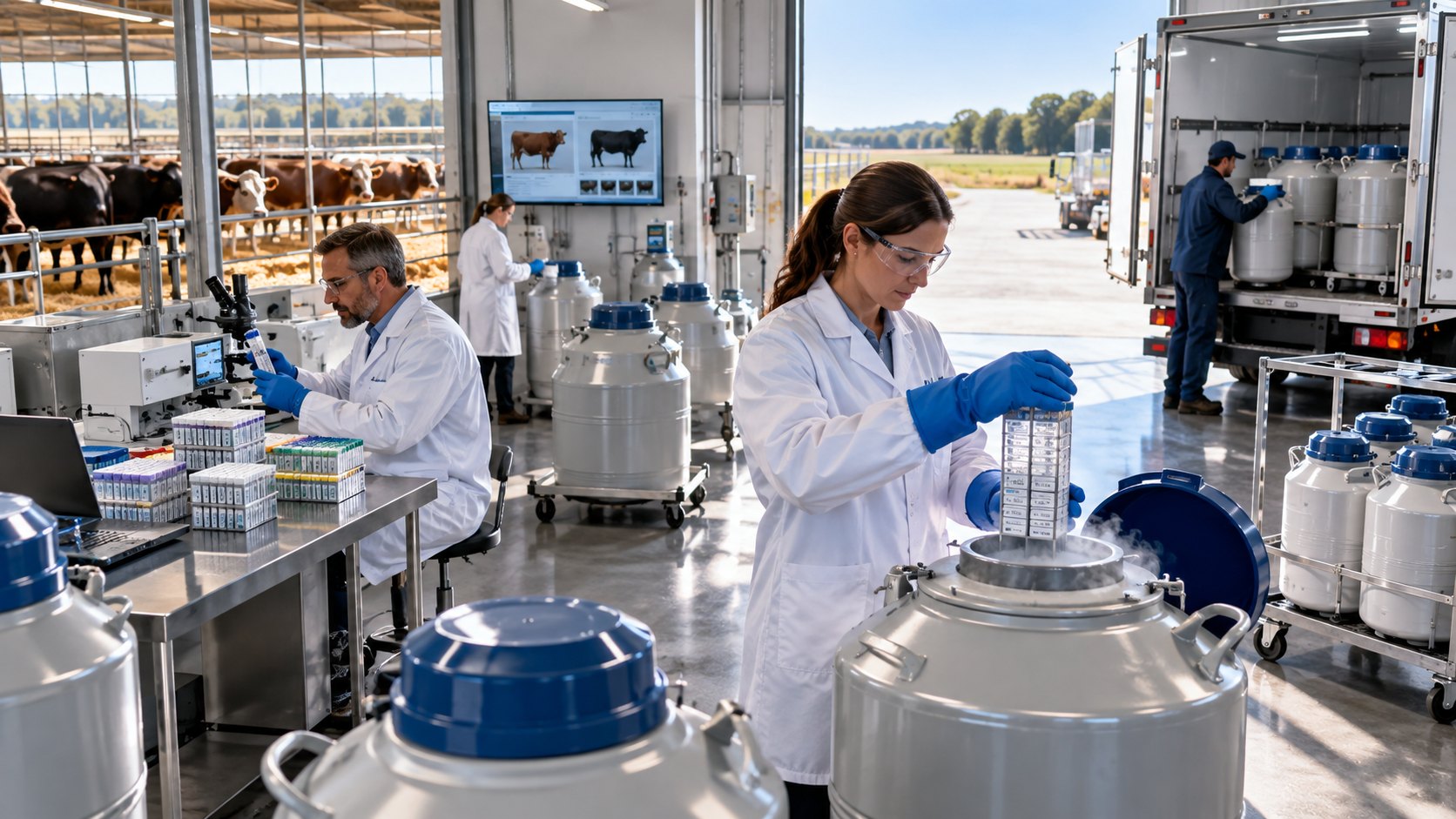 Rows of stainless cryogenic flasks, staff in white coats, tanks being loaded into a lorry