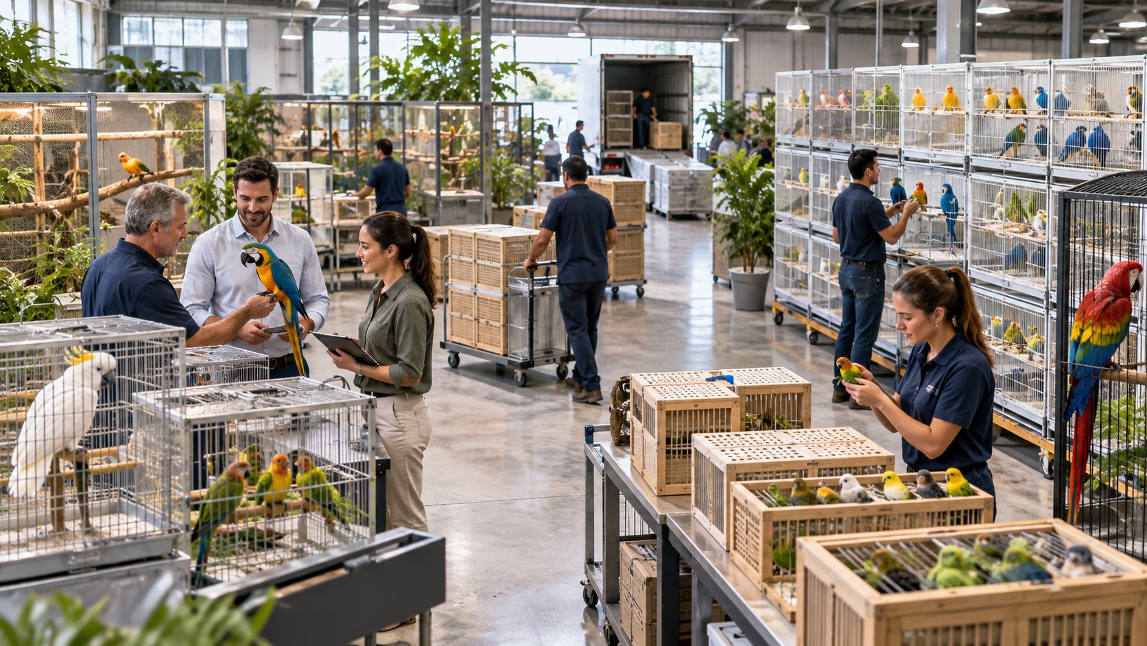 Staff among wire cages and wooden crates of parrots and finches in a large hall