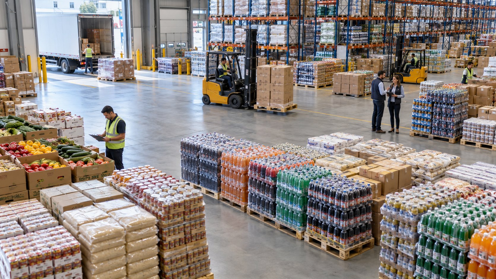 Pallets of shrink-wrapped drinks and crates of fruit across a depot floor, forklift between them