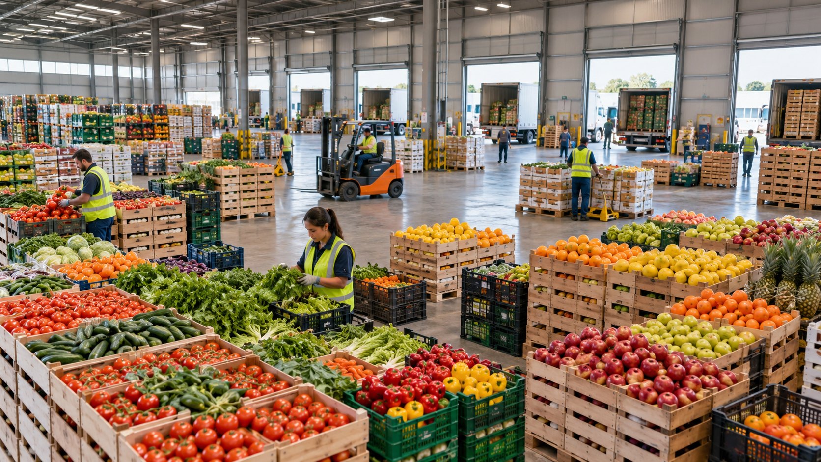 Wooden crates of tomatoes, cucumbers and apples filling a hall, worker in a hi-vis vest