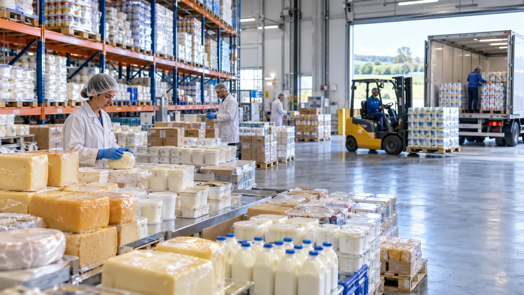 A woman in a hairnet handles cheese blocks beside crates of bottled milk