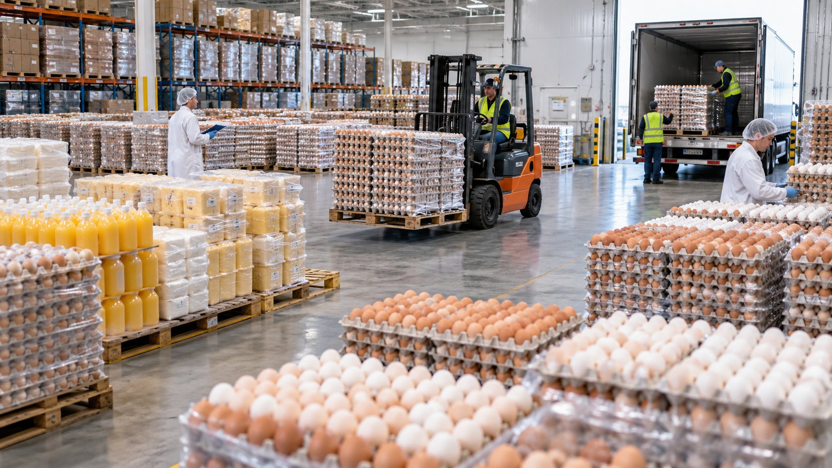 Pallets of stacked egg trays across a depot floor, forklift and refrigerated lorry behind
