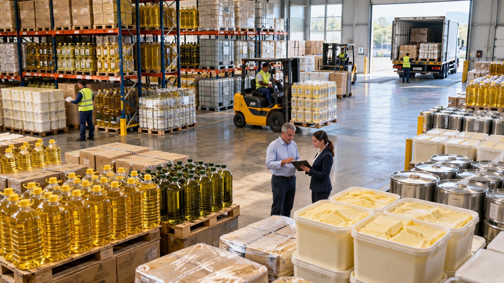 Pallets of bottled oil, drums and tubs of fat, forklift crossing the depot floor