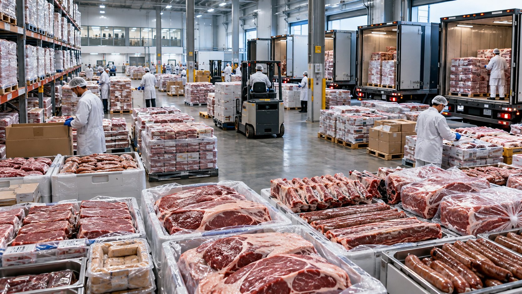 Trays of vacuum-packed meat cuts, carcasses on rails, staff loading refrigerated lorries behind