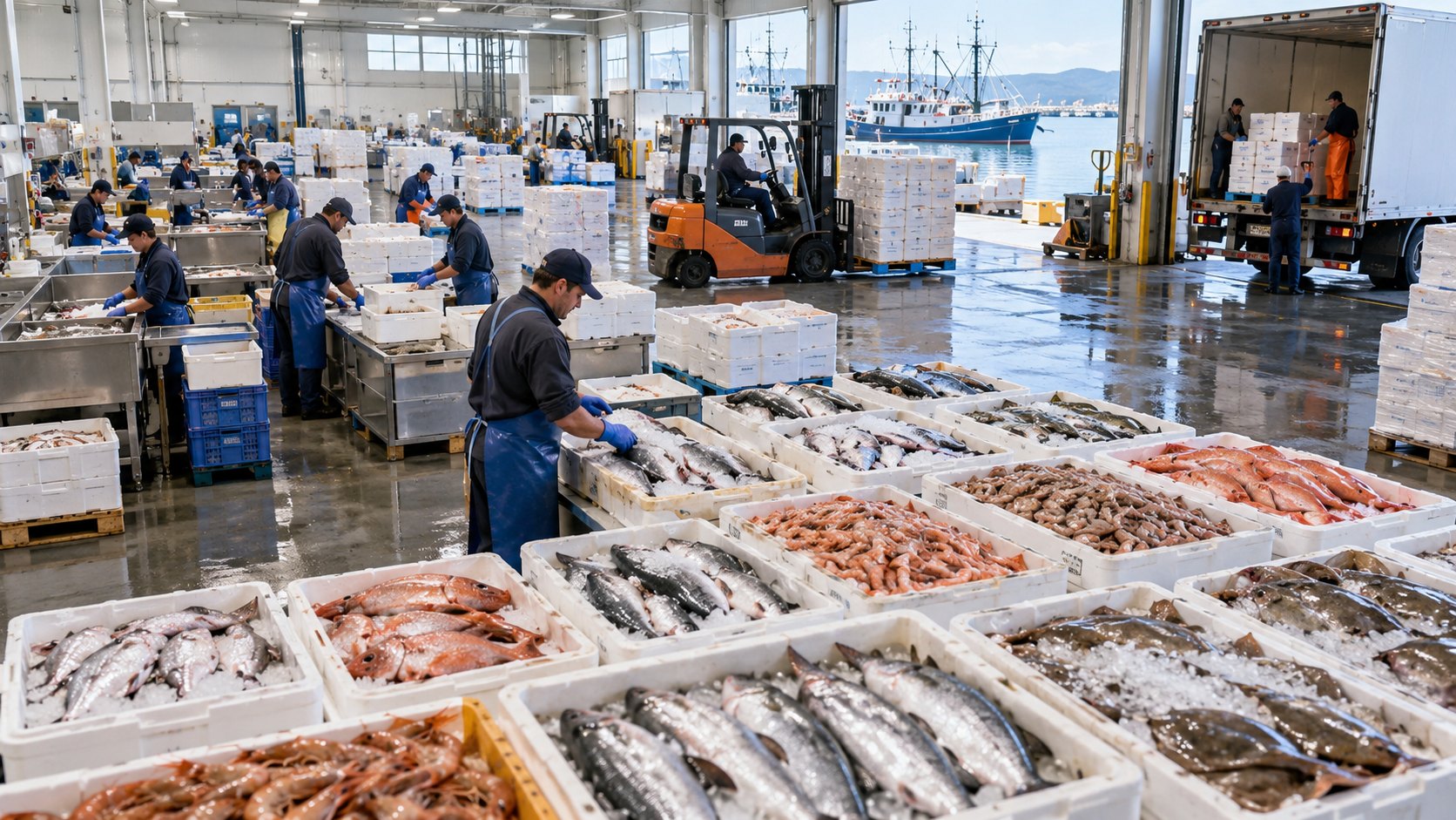 Workers in aprons sorting polystyrene boxes of iced fish and prawns at a quayside market