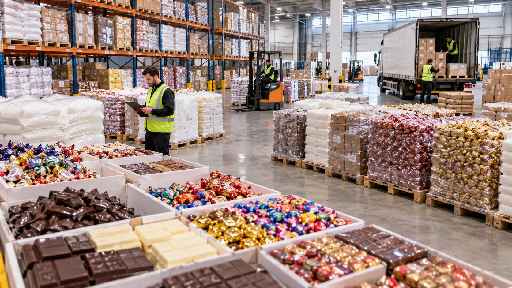 Trays of chocolate bars and foil-wrapped sweets, pallets of confectionery and sugar sacks behind