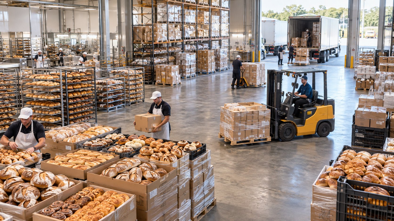 Workers packing boxes beside crates of loaves and pastries, bread racks and a forklift