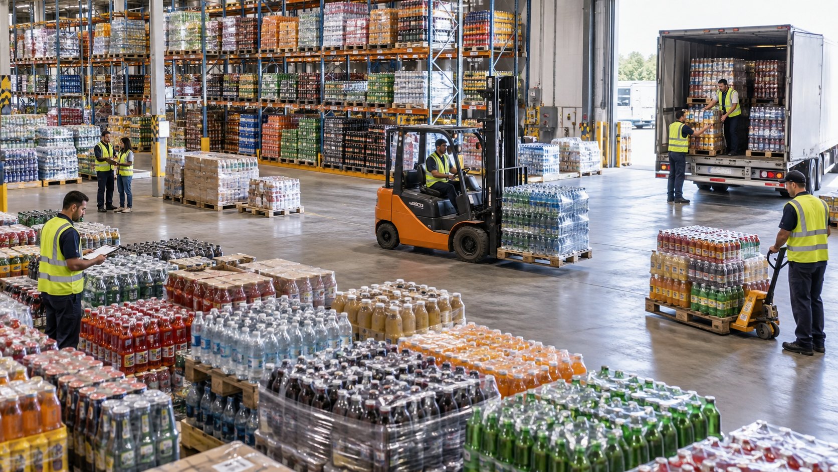 Shrink-wrapped pallets of bottled water and soft drinks, forklift and hi-vis workers between them