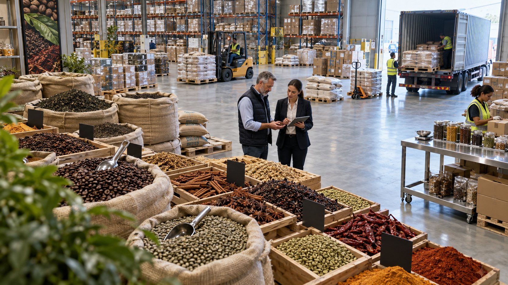 Rows of hessian sacks and crates of coffee, olives and dried spices, two people talking