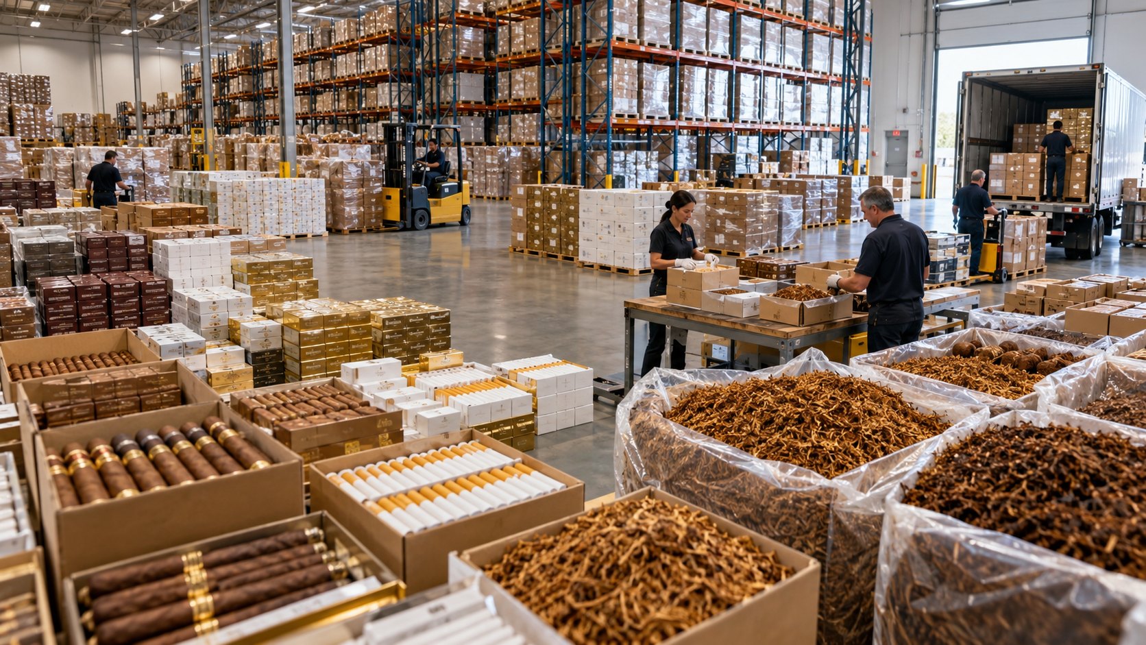 Boxes of cigars and cigarette cartons beside clear sacks of loose leaf tobacco