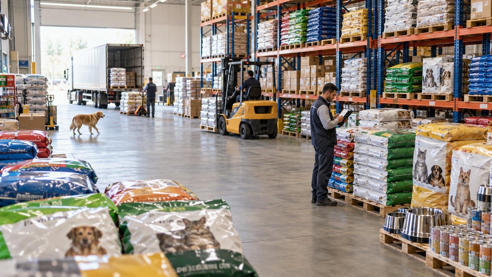 Racking of bagged pet food, a worker with a tablet and a dog in the aisle