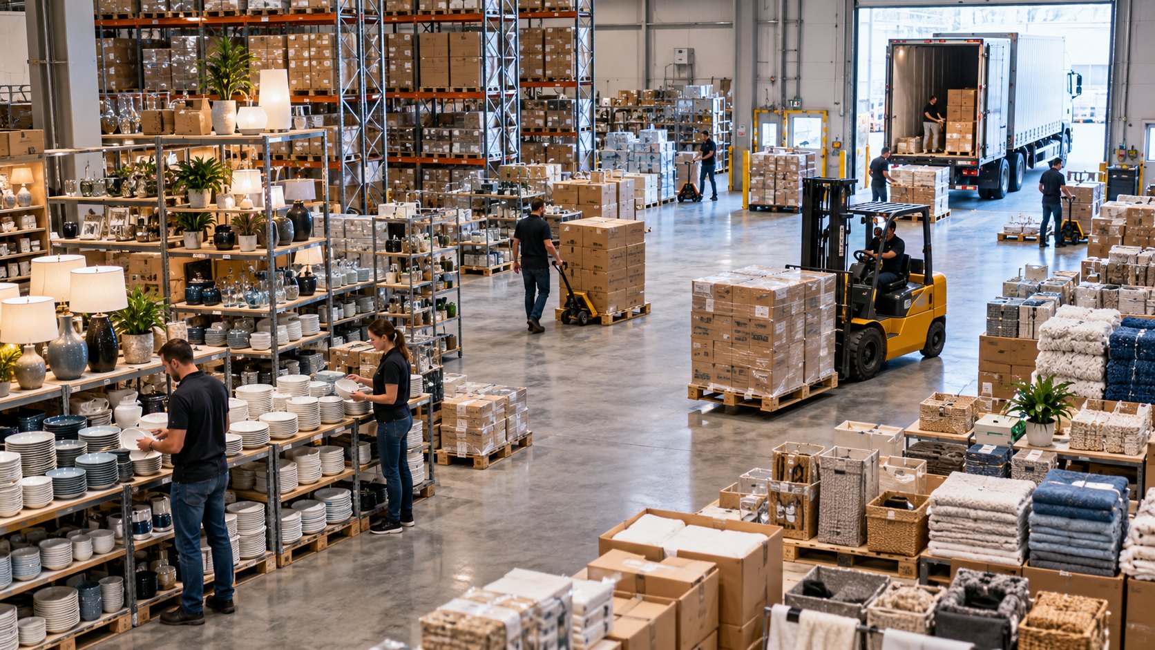 Shelving of lamps and crockery, staff picking stock, a forklift carrying a wrapped pallet