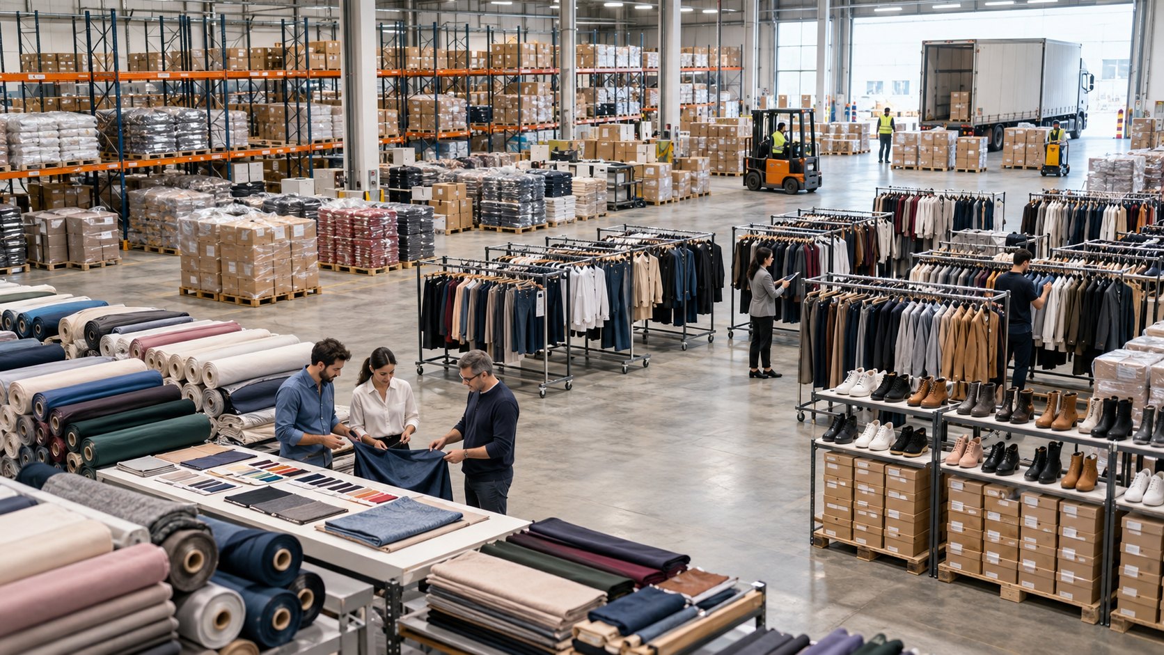 Rolls of fabric on tables, three people inspecting cloth, rails of clothing and shoe shelving