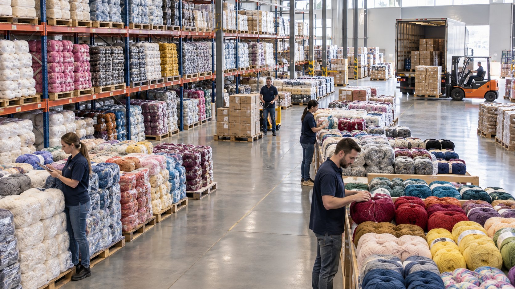 Workers picking coloured yarn balls from crates beside racking of bagged yarn