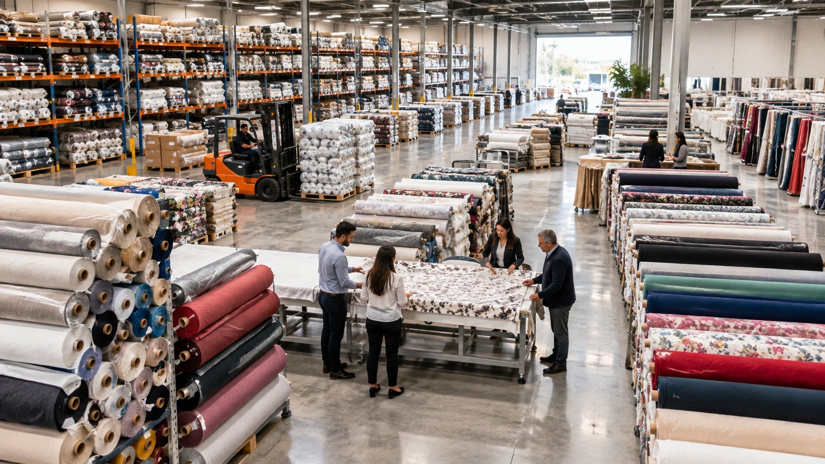 Three people inspect a fabric roll at a central table between tall racks of cloth