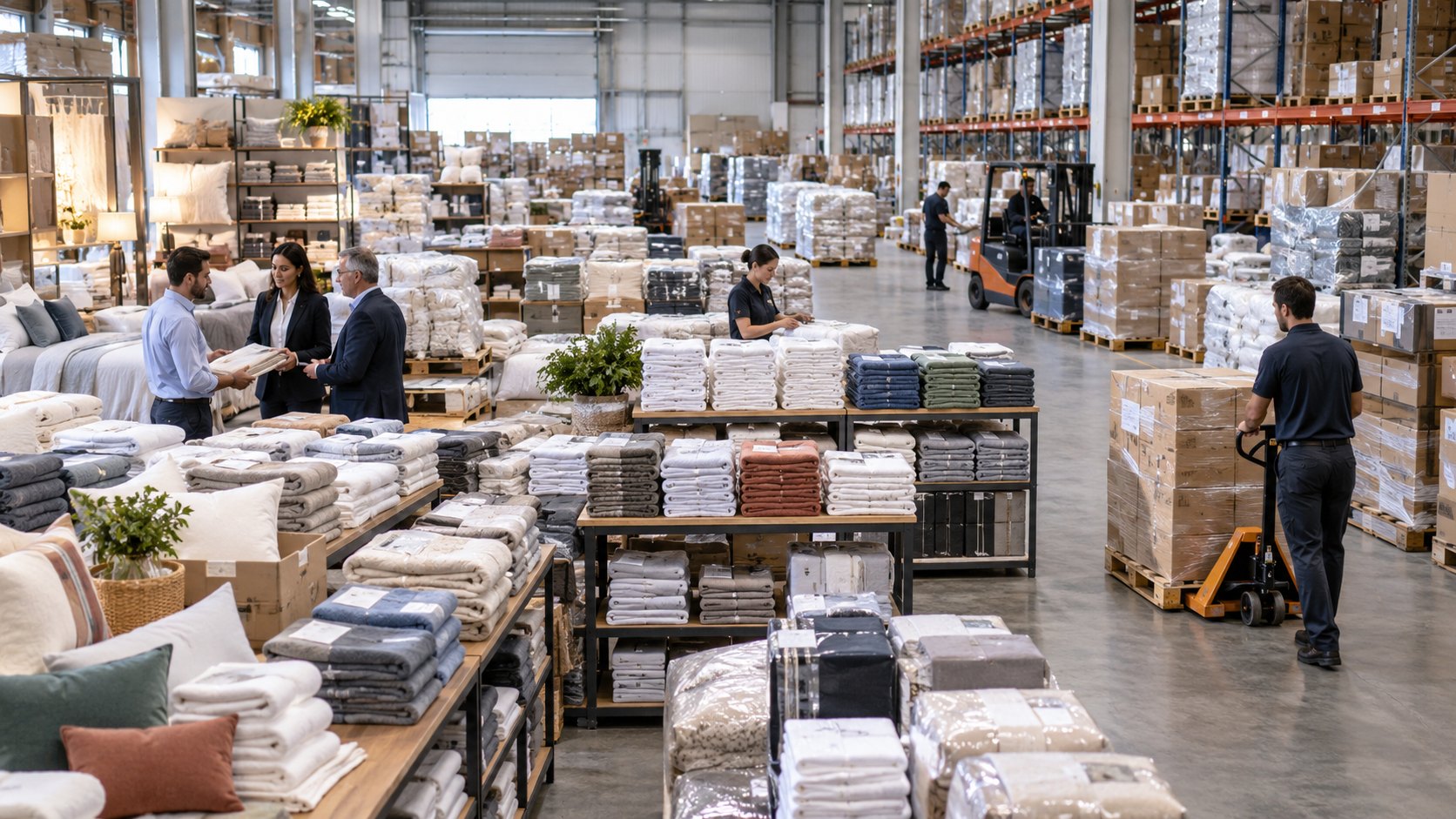 Stacks of folded bedding on wooden tables, with men talking and a worker moving pallets