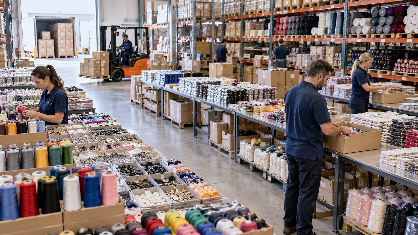 Two staff sort buttons and cones of thread at long tables on a storage floor