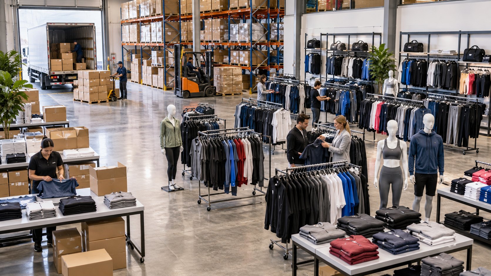 Rails of sportswear, mannequins and folded stacks fill a floor with a loading door behind