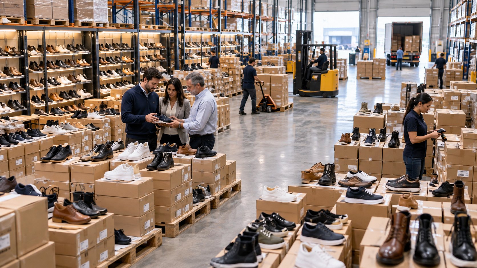 Shelves and open boxes of shoes fill a floor, staff checking stock at both sides