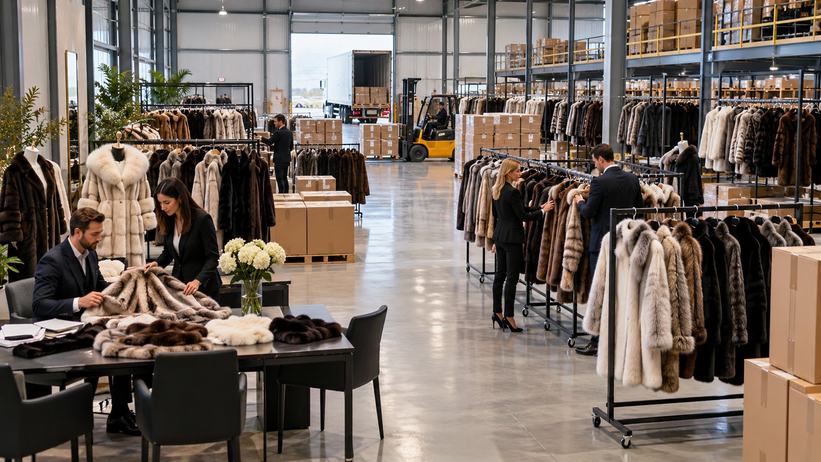 Rails of fur coats line a showroom, staff seated at a table of folded furs