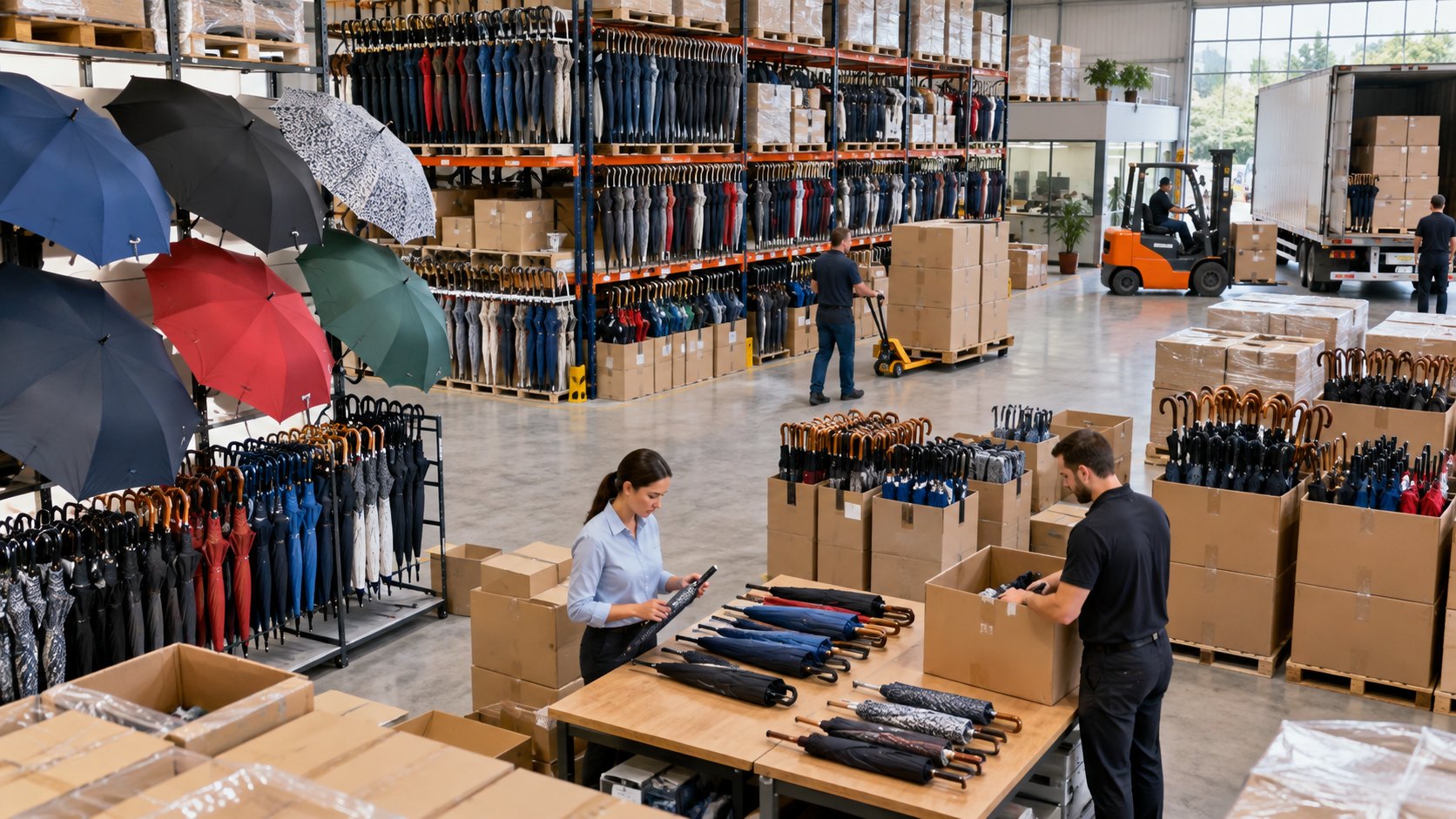 Wall racks of hanging umbrellas behind two staff packing folded ones into cardboard boxes