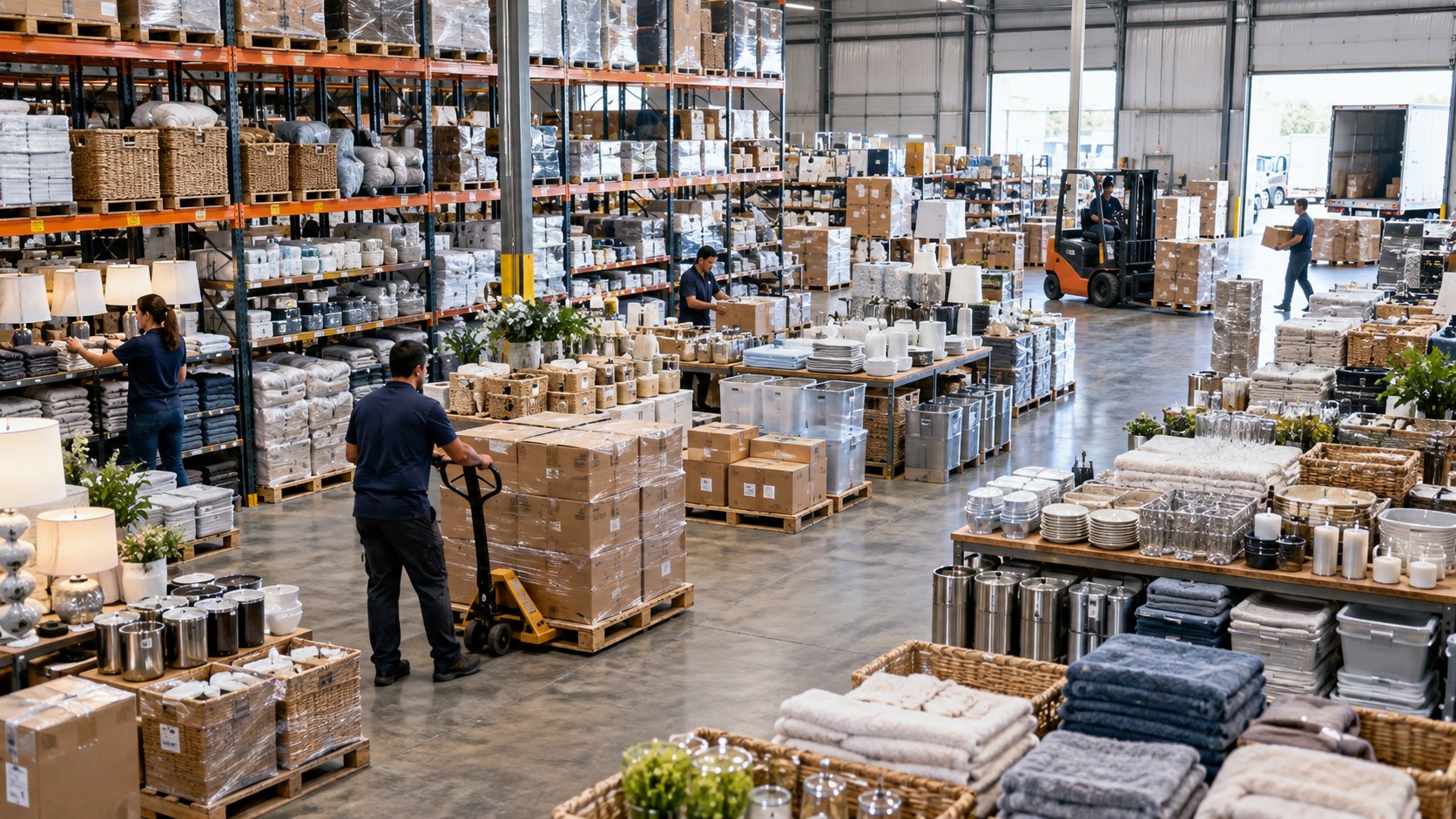 A worker pulls a loaded pallet truck down an aisle of stacked household goods