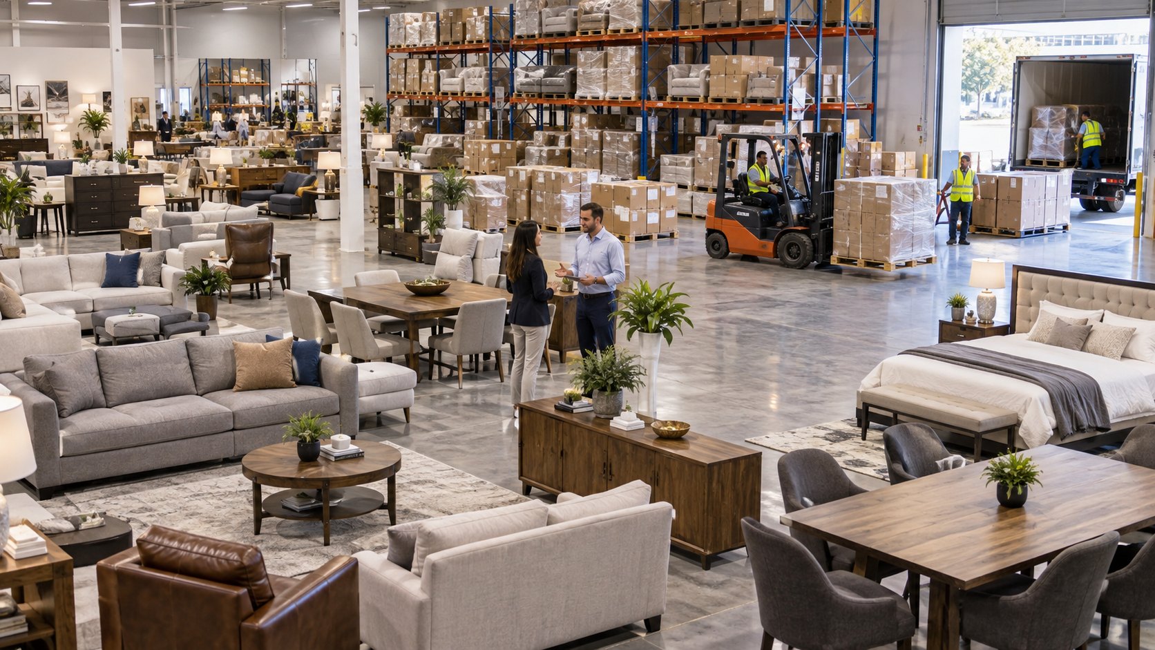 Sofas, armchairs and dining sets laid out across a floor with two people walking through