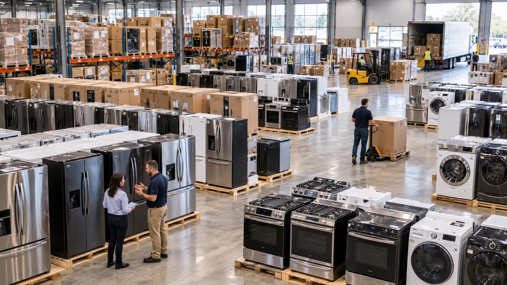 Fridges, cookers and washing machines stand on pallets across a floor, two people talking