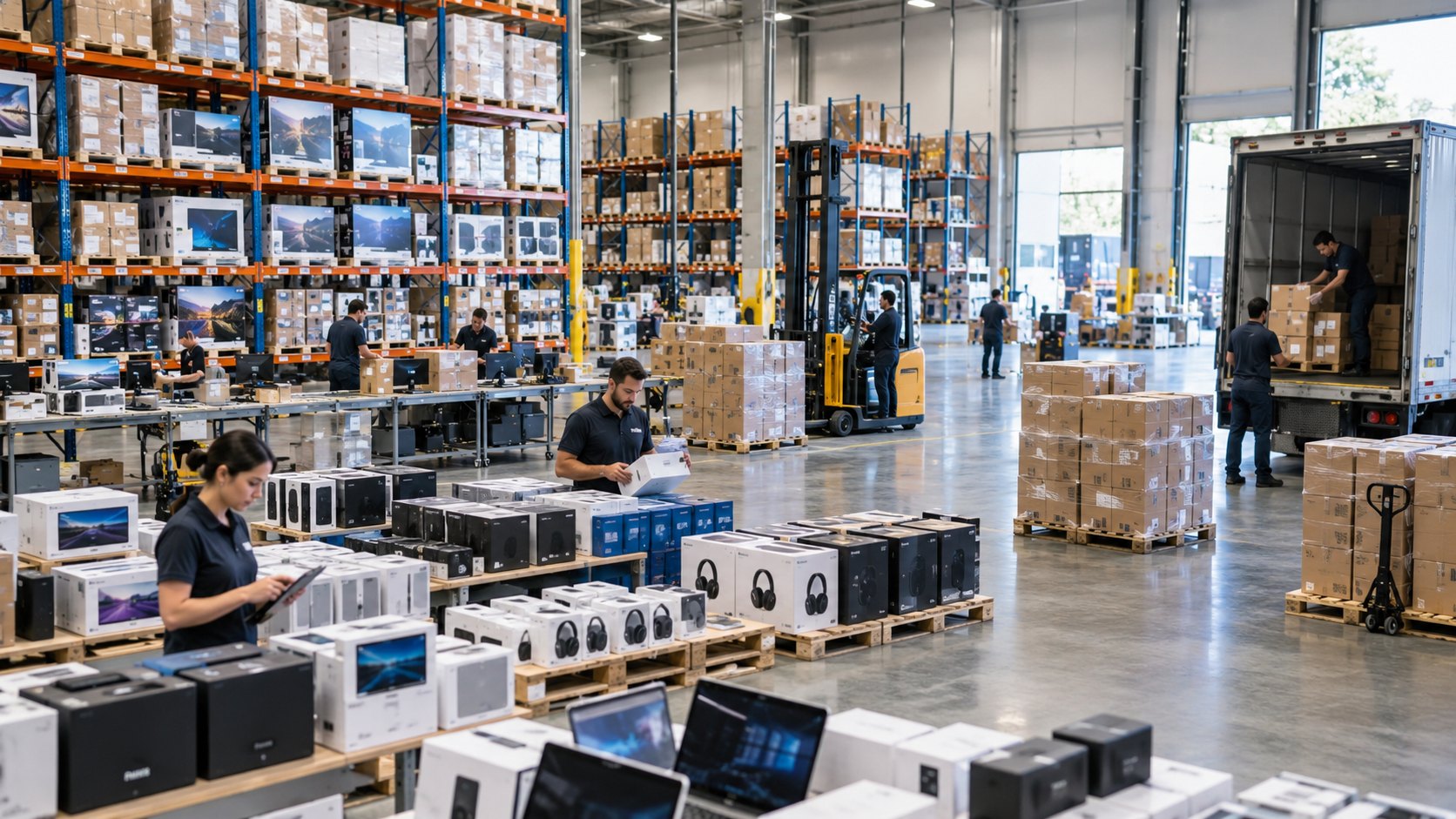 Staff check boxed monitors and speakers on pallets, with a lorry at the loading door