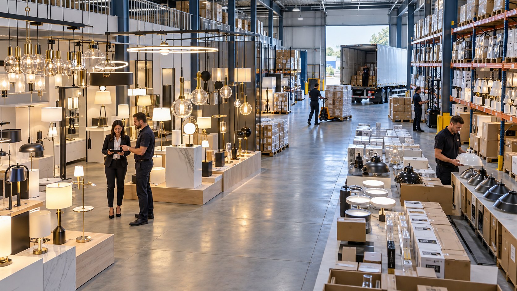 Table lamps on plinths and pendant lights above an aisle, two people talking beside them
