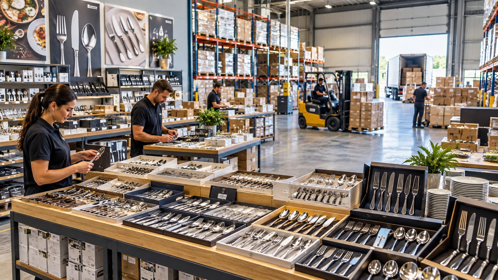 Two staff check trays of knives and forks laid out along a long counter